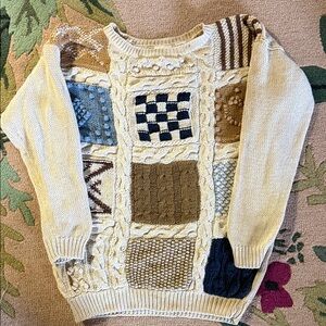 Patchwork Knit Sweater - Cream, Blue, Brown